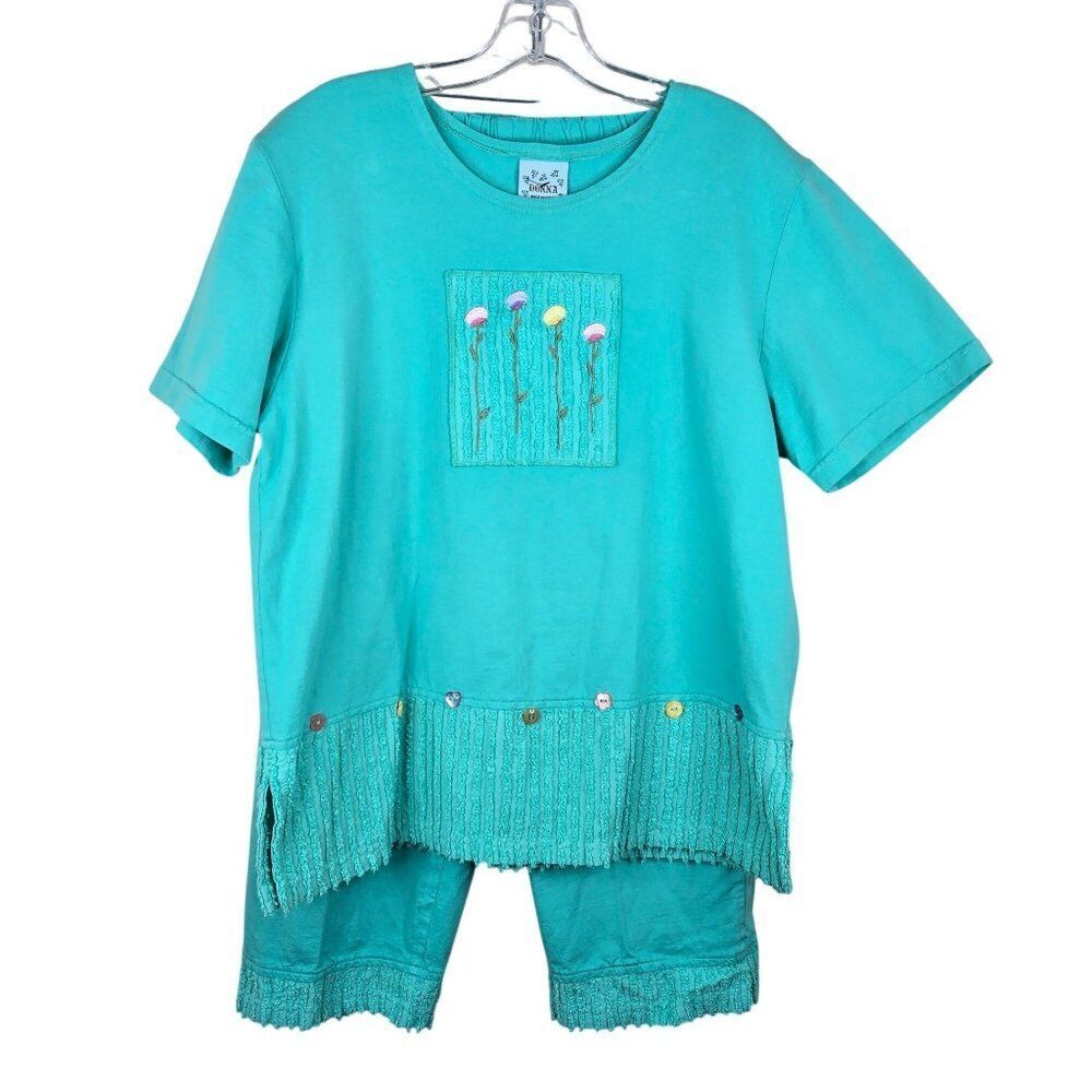 Vintage 80s 2 Piece Aqua Cotton Set Pants Top Womens L Flowers Chenille Trim